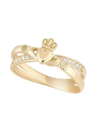 9ct Gold Claddagh Crossover Ring with White Cubic Zirconia